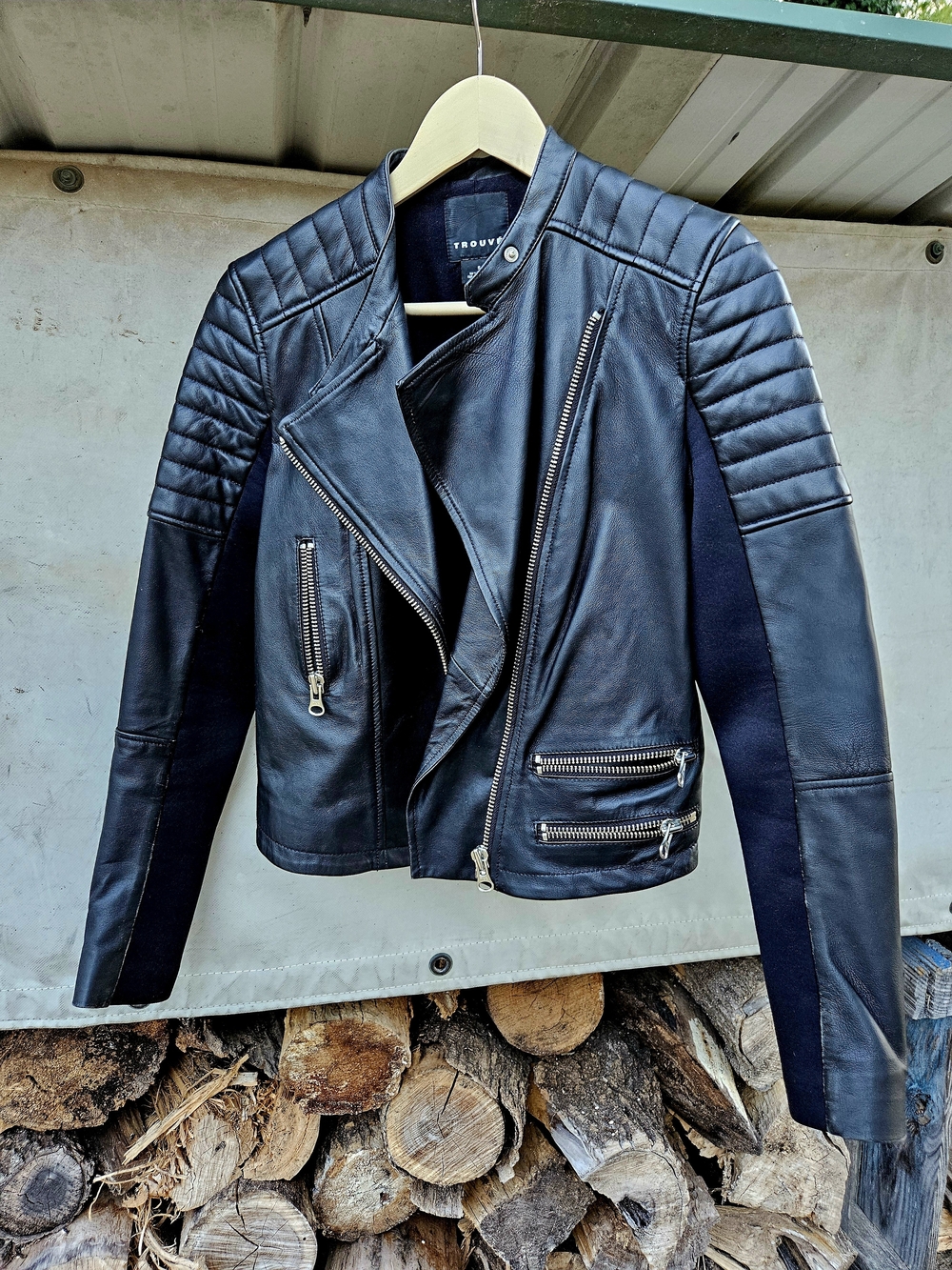 Trouve Black Leather Moto Jacket with Quilted Shoulders Sz Small